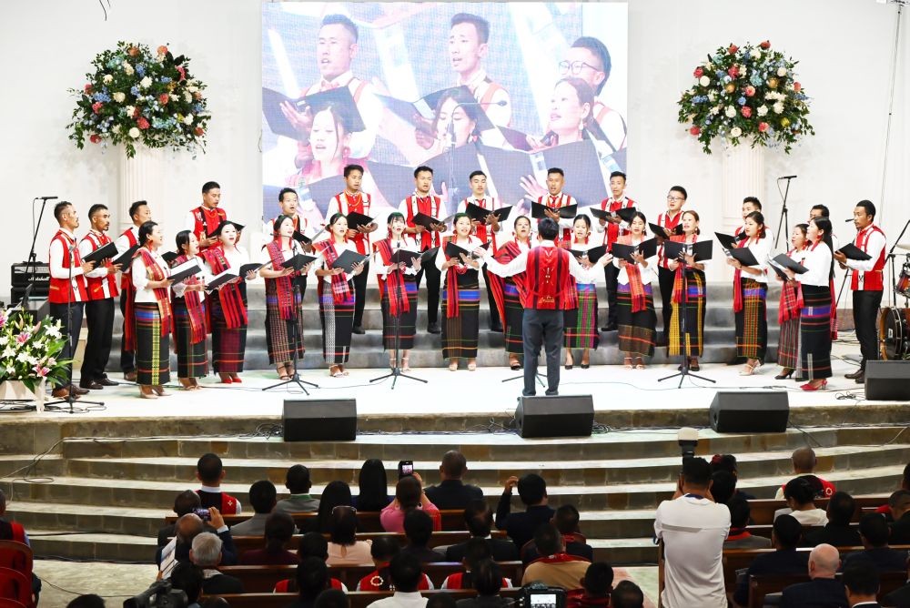 The Lotha Baptist Churches Association contingent presenting a song during the second day of the celebrations in Impur.